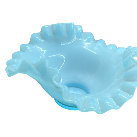 Fenton Blue Bowl with Ruffled and Crimped Edge - Vintage Art Glass Bowl - Picture 2 of 8